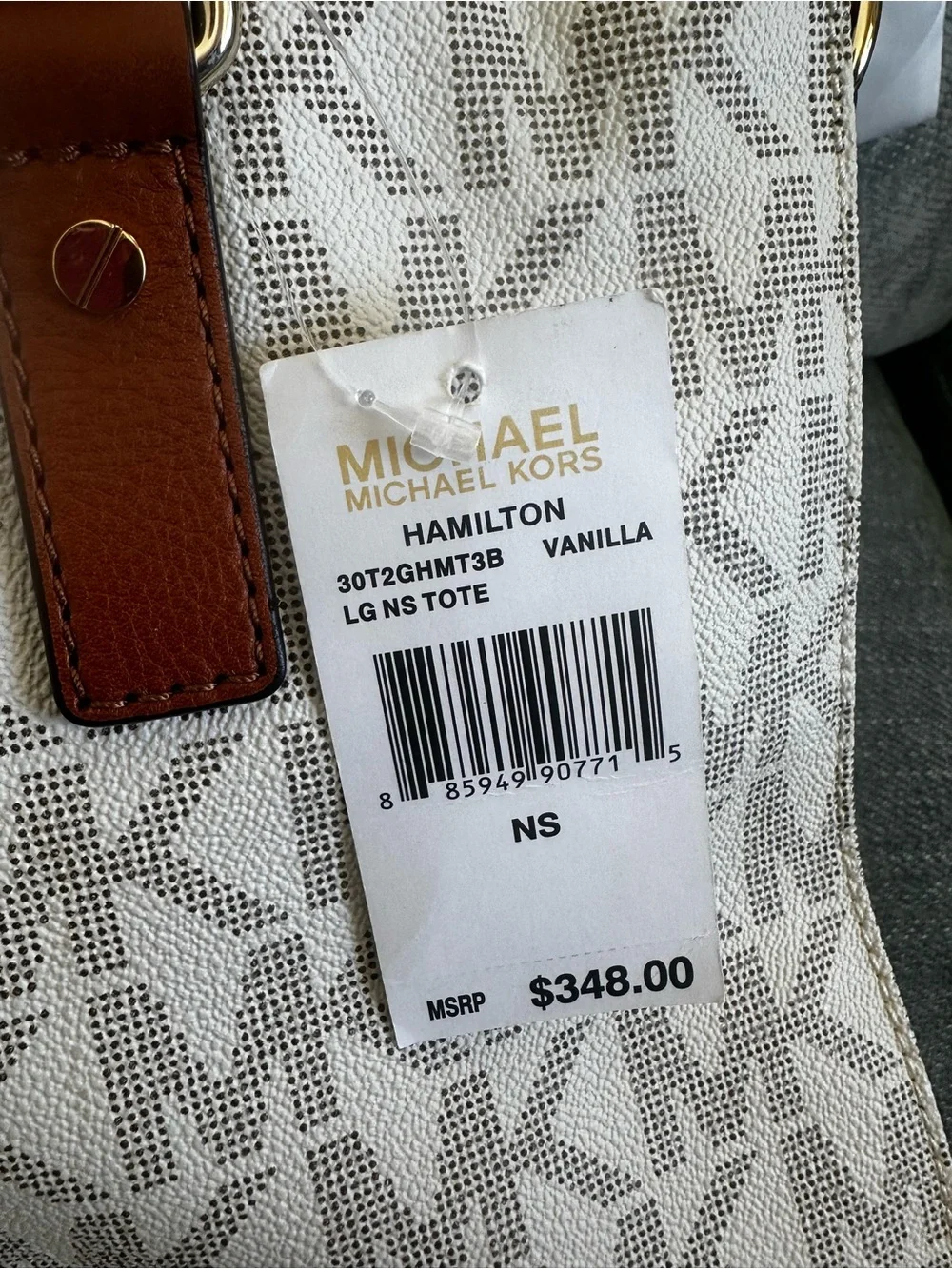 Michael Kors Cream Signature MK Satchel with Brown Leather Trim